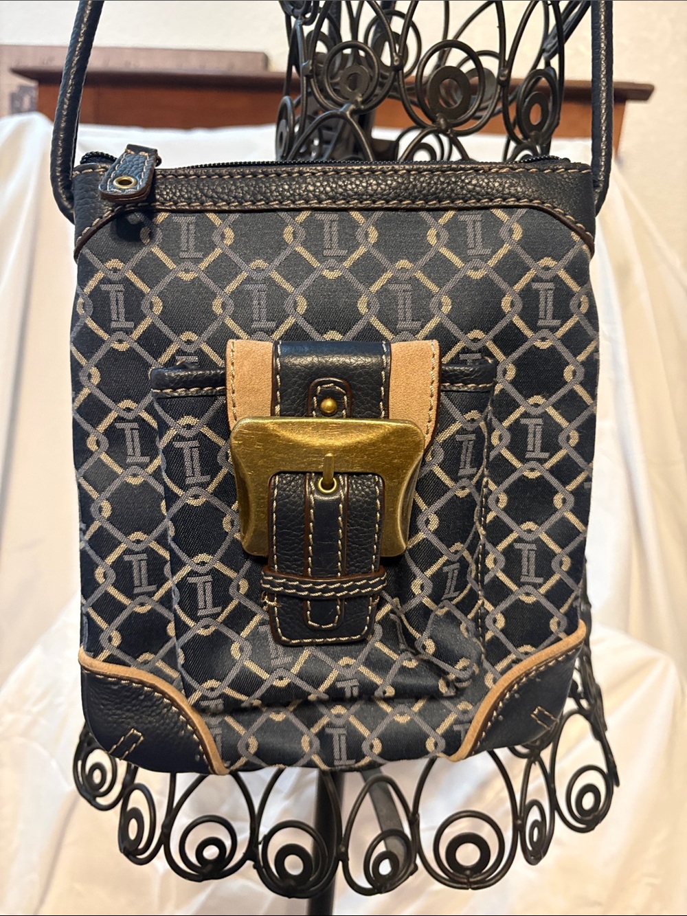 Tignanello Navy and Brown Crossbody Belt Bag with Brass Buckle